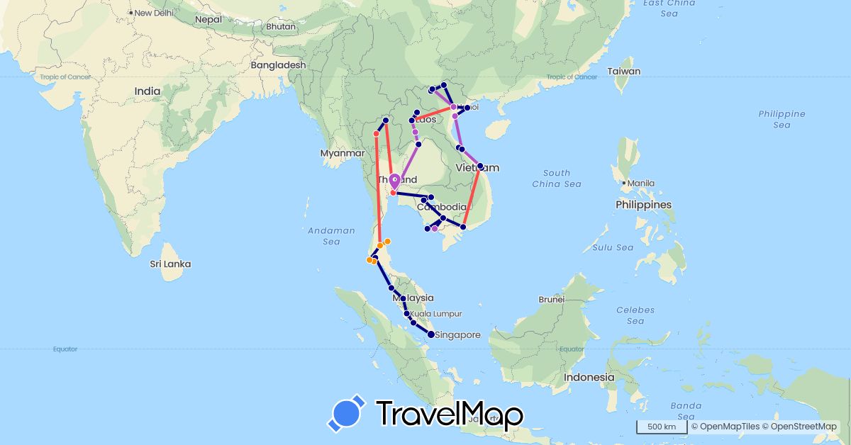 TravelMap itinerary: driving, train, hiking, hitchhiking in Cambodia, Laos, Malaysia, Singapore, Thailand, Vietnam (Asia)